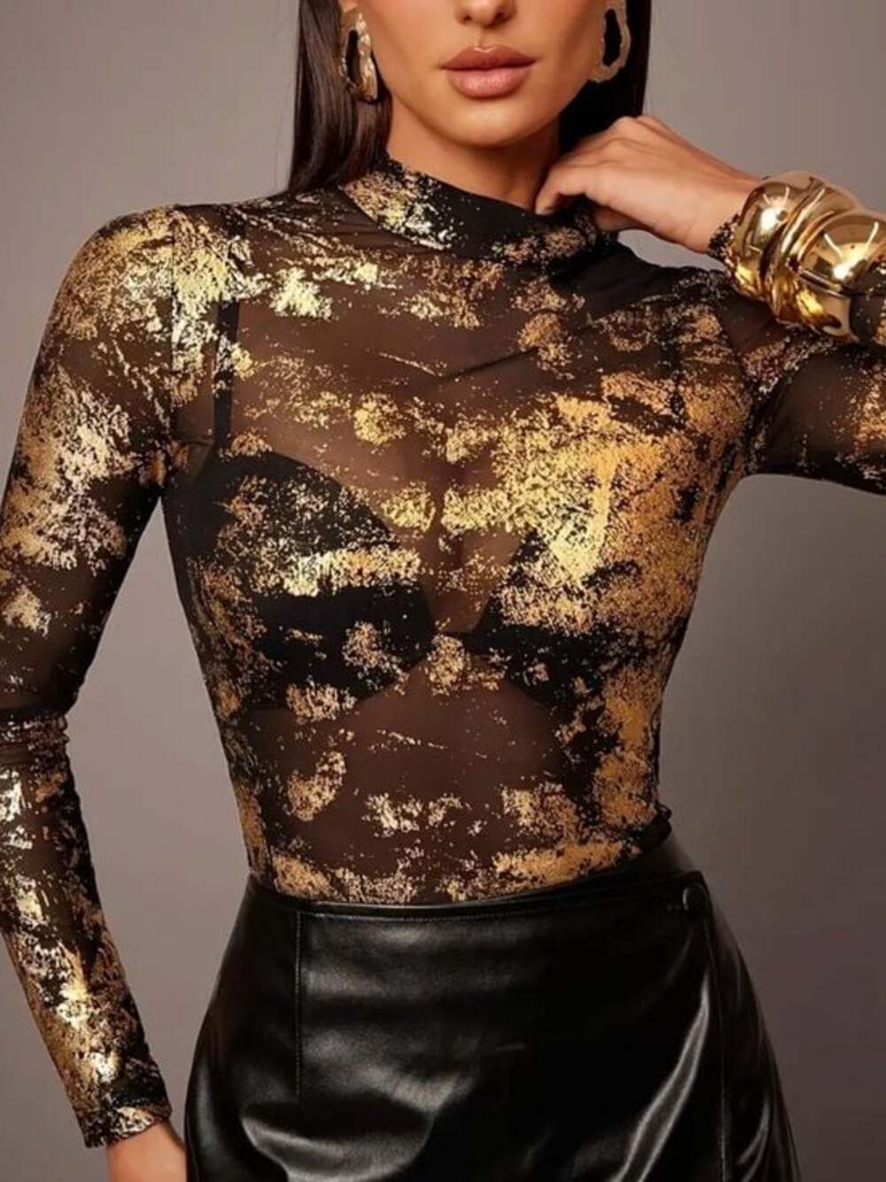 Sheer Long-Sleeve Top with Brocade Metallic Gold Foil - Women Large